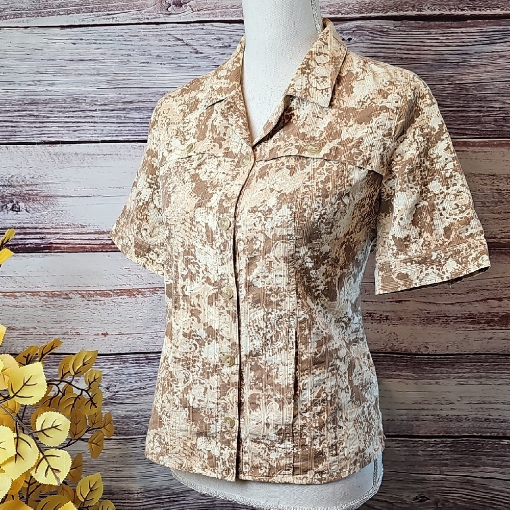NEW CHRISTOPHER & BANKS BROWN PAISLEY SHORT SLEEVE BUTTON-UP SHIRT TOP